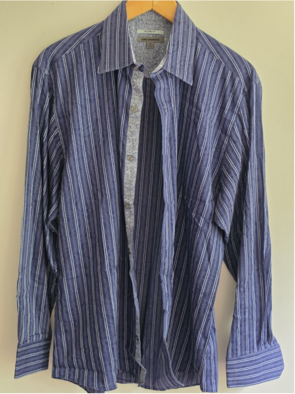 Johnston & Murphy Tailored Fit Long Sleeve Striped Dress Shirt Blue Paisley M